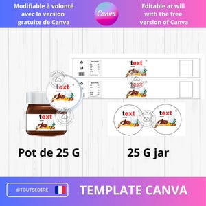 Scarica il modello di etichetta per personalizzare il testo colorato del mini vasetto di crema spalmabile da 25 g. Confezione Nutella modificabile Canva ToutSeDire