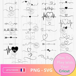 Peut inclure: Une collection d'éléments de design noirs sur le thème des cœurs, comprenant des lignes, des flèches et des formes de cœurs. L'image comprend le texte "@TOUTSEDIRE" et "PNG - SVG". Un cercle rose contient le texte "Files To Play With Your Cricut".