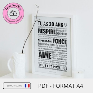Téléchargement instantané français Carte Affiche A4 anniversaire 20 ans Fille ou Garçon à télécharger et imprimer par vos soins ToutSeDire