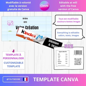 Può includere: Un design di modello Canva con una grafica di barretta di cioccolato Kinder. Il design include testo e immagini modificabili, con un'opzione di modello personalizzabile. Il design include anche una tabella nutrizionale e un codice QR.