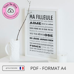Téléchargement PDF immédiat français Affiche A4 carte cadeau ma filleule crois en toi à télécharger et imprimer par vos soins ToutSeDire