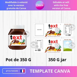 Laden Sie die Etikettenvorlage herunter, um den Farbtext anzupassen. Topf mit Aufstrich 350 g. Bearbeitbare Nutella-Verpackung Canva ToutSeDire