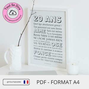 Téléchargement immédiat français Carte Affiche A4 anniversaire 20 ans majorité à télécharger et imprimer par vos soins ToutSeDire