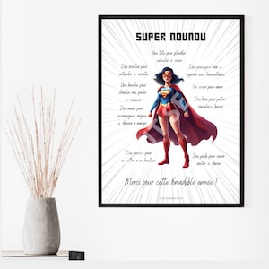 Téléchargement PDF Français Super nounou, Affiche A4 Remerciement  cadeau fin d année scolaire original, nounou brune Tout se dire