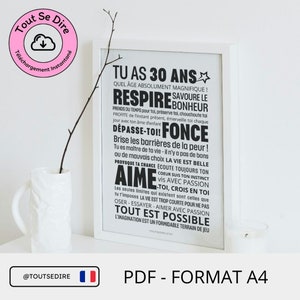 Téléchargement immédiat français Carte Affiche A4 anniversaire 30 ans à télécharger et imprimer par vos soins ToutSeDire
