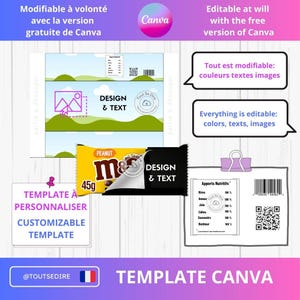 May include: A Canva template with editable elements, including text and colours. The design features a candy bar wrapper, the text "Design & Text", and the words "Customizable Template".
