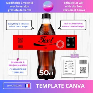 Puede incluir: Una botella de plástico transparente con tapa negra, llena de líquido marrón. Una etiqueta roja envuelve la botella con la palabra "Text" en una fuente estilizada. La botella está etiquetada como "50cl".
