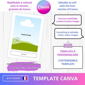 Peut inclure: Un modèle blanc avec le logo Canva et le texte "Template Canva". Le modèle comprend des espaces réservés pour une image et du texte, avec les mots "Your Picture" et "Your Text". Le texte supplémentaire indique que le modèle est personnalisable.