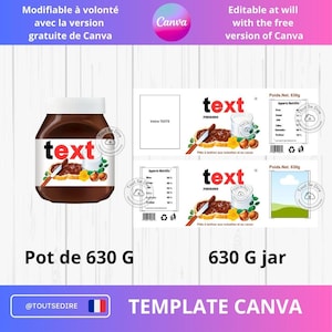 Téléchargement Template Étiquette à personnaliser texte couleur pot de pâte à tartiner 630g Emballage Nutella modifiable Canva ToutSeDire