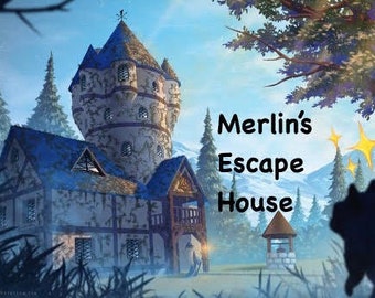May include: A whimsical illustration of a stone house with a tower, surrounded by trees and a cat. The text "Merlin's Escape House" is written in black letters on a white background.