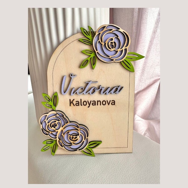 Namesschild mit Rosen, Purple Roses, personalisiertes Geschenk mit Name und Blumen Motiv, floral motiv