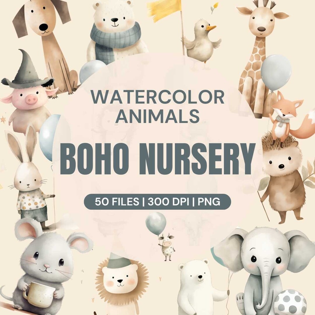 Boho Baby Watercolor Clipart 50 Nursery Animal Clip Art Newborn Boho ...