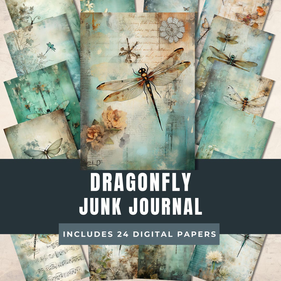 Dragonfly Junk Journal Pages for Sublimation, Shabby Chic Scrapbooking ...