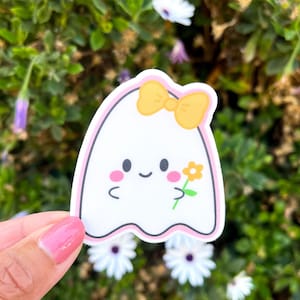 Cute Ghost Flower Waterproof Sticker, Girl Ghostie Decal, Cute Halloween Stickers, Halloween Gifts, Water Bottle Stickers, Notebook Decal