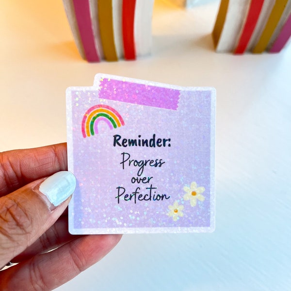 Progress over Perfection Waterproof Sticker, Affirmation Sticky Note Sticker, Cute Happy Mental Health Decal, Gifts for Kids and Hers
