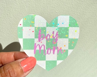 Boy Mom Waterproof Sticker for Mother's Day, Cute Boy Mama Heart Sticker, Mother's Day Gift Idea, Holographic Sticker Gift for Mom