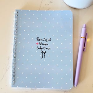 Beautiful Things Take Time Coquette Journal, Soft Girl Blue Spiral Notebook, Dainty Bow Motivational Gift, Stationery, Back to School Ideas