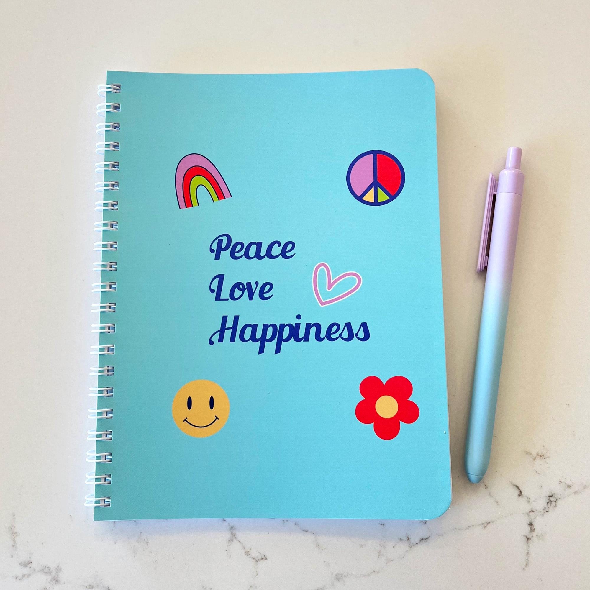 Cute Retro Spiral Notebook for School, Peace Love Happiness Ruled ...