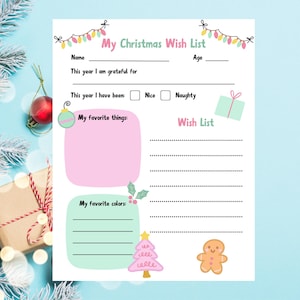Weihnachtswunschliste für Kinder, Geschenkliste druckbare Urlaubwunschliste für Kinder, Weihnachten Digital druckbare Geschenkliste, digitaler Download