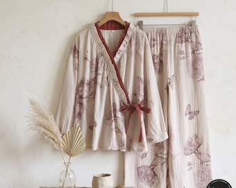 Bohemian Floral 100% Cotton Muslin Pyjamas | Breathable Kimono Loungewear, Relaxed Women’s Sleepwear.