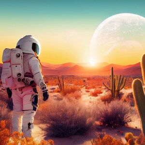 Desert Astronaut, astronaut in desert, desert landscape, cacti, sunset, Digital Art Print, AI, AI Art, Digital Download, Home Decor
