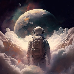 Lost in Space, astronaut, clouds, moon, peaceful, Digital Art Print, AI, AI Art, Digital Download, Home Decor