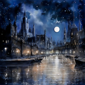 Enchanted Luminescent River City, Glowing City Street, calle adoquinada, arquitectura, arte digital, A.I. arte, arte descargable, decoración del hogar