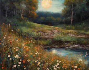 Luminous Twilight, serene, misty, landscape, tranquility, watercolor, country, wall art, home decor, digital print, canvas art, wild flowers