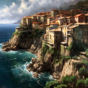 Cliffside City, oceanside city, watercolor art, home decor, digital print, european landscape, serene, wall art, ocean art, downloadable art
