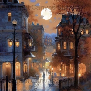 Dark City Street, calle adoquinada, decoración de otoño, arte digital, A.I. arte, arte descargable, decoración del hogar, arte de pared, encantador, arte de la ciudad, impresión