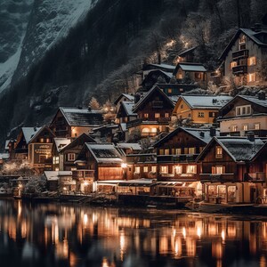 Winter Wonderland City, Luminescent City, Glowing City, digital art, A.I. art, downloadable art, home decor, enchanting city, snow