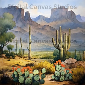 Arizona desert, southwest, cacti, saguaro, flowers, desert, vibrant colors, Digital Print, AI Art, Digital Download, home decor, watercolor