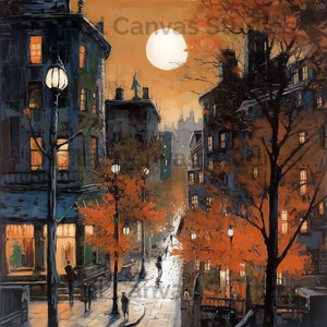 Fall City Street, calle adoquinada, decoración de otoño, arte digital, A.I. arte, arte descargable, decoración del hogar, arte de pared, encantador, arte de la ciudad, impresión