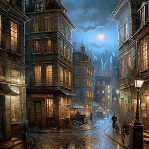 Glowing City Street, cobblestone street, architecture, digital art, A.I. art, downloadable art, home decor, wall art, print at home art