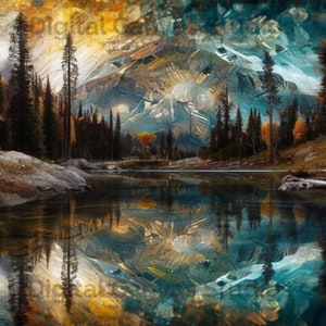 Puede incluir: Una pintura de un lago de montaña con un reflejo de las montañas en el agua. El agua es de un azul profundo y las montañas son una mezcla de marrón, verde y azul. Hay árboles en la orilla del lago.