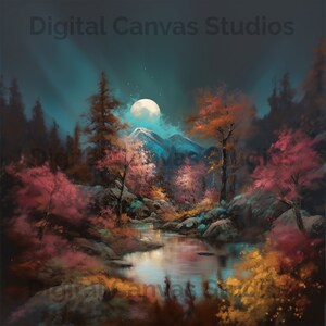 Puede incluir: Una pintura de una escena de bosque iluminada por la luna con un río que fluye a través de ella. Los árboles son una mezcla de verde, naranja y rojo, y la luna es un círculo blanco brillante en el cielo. Las montañas en el fondo son de un azul oscuro.
