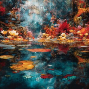 May include: A painting of a pond with water lilies and reflections of the lilies in the water. The pond is surrounded by trees and bushes with red, orange, and yellow leaves. The sky is blue and cloudy.