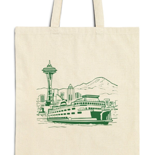 Seattle Washington city skyline art  with ferry in the pacific northwest PNW canvas tote book bag Cotton Canvas Tote Bag