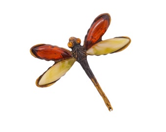 Baltic amber dragonfly brooch, Gemstone brooch, Yellow or cognac amber brooch, Dragonfly jewelry