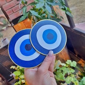 Handmade Evil Eye Coaster Set - Set of 4 | Unique Home Decor | Protection from Negative Energy | Turkish Blue Eye Design | Housewarming Gift