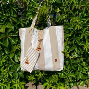 Beige-White Linen Fabric Handmade Ethnic Large Size Tote Bag - Front Pocket & Small Bag | 40x45x12 cm