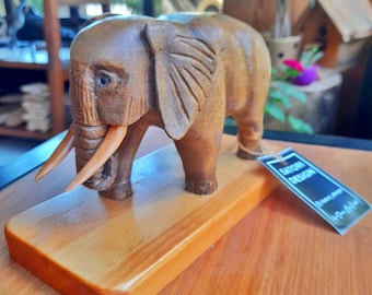 Handmade Wood Carved Sculpture with Elephant Figure on Stand - Natural Home Decor | Artistic Wood Carving | Stylish Decorative Piece