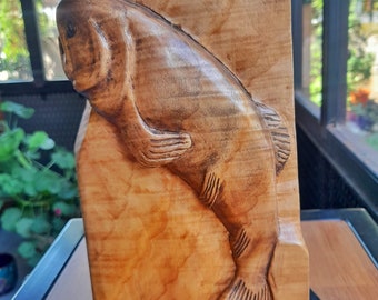 Handmade Wood Carved Sculpture with Fish Figure on Stand - Natural Home Decor | Artistic Wood Carving | Unique Decorative Piece