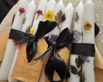 Handmade Wildflower Dinner Candles: Pressed Flower Design, Set of 2