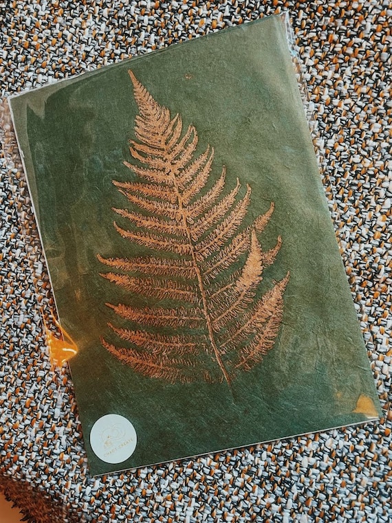 Handmade Fern Nature Print on Green Recycled Cotton Paper with Gold Ink | Eco-Friendly Home Decor | Wall Art | Nature-Inspired Gifts