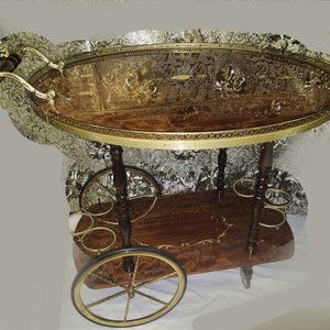 1950s Italian Dropleaf Brass and Walnut tiered bar/tea cart