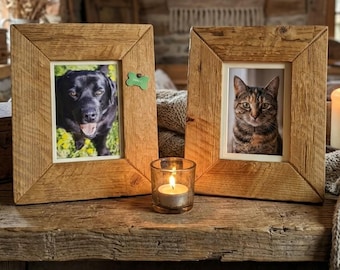 Rahmen zur Erinnerung an Haustiere, mit Urne für Asche oder ohne, aus rohem Holz mit rustikalem Effekt, mit Glas, handgefertigt.
