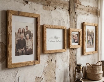 Cadre photo en bois brut, profil étroit, effet rustique, fait main en différentes tailles.