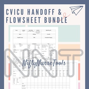 May include: A printable CVICU handover and flowsheet bundle for day and night shifts. The document includes sections for room, age, code status, isolation, admitting MD, consults, hospital course, PMH, procedures/imaging, neuro, cardiac/CV,  and more.