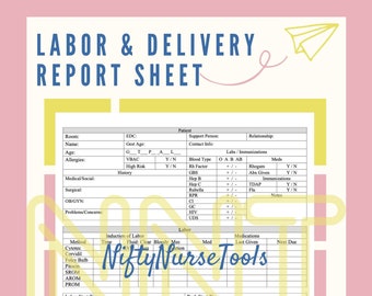 May include: A printable labor and delivery report sheet with sections for patient information, inductions of labor, medications, labor start time, push start time, delivery, anesthesia, and baby information. The sheet is in a pink and yellow color scheme with a paper airplane graphic in the top right corner.